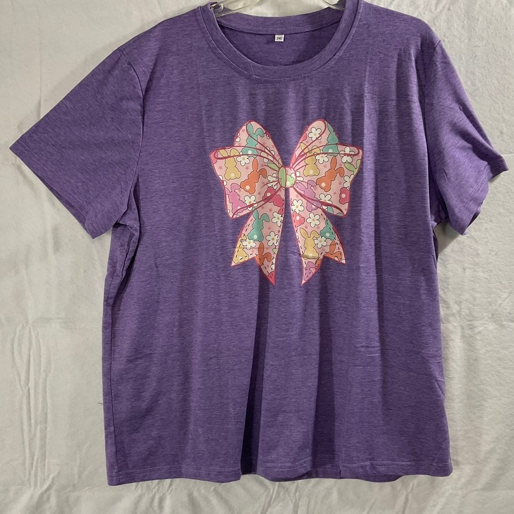 T-Shirt Womens 2XL Purple‎ Bunny Bow Graphic Tee Easter Spring Casual